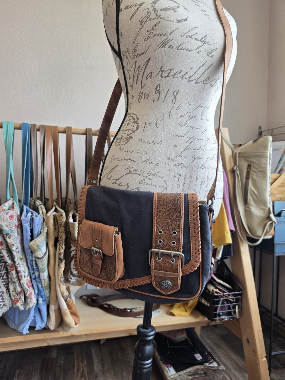Black and Brown Crossbody Messenger Bag - Vintage Leather Trim